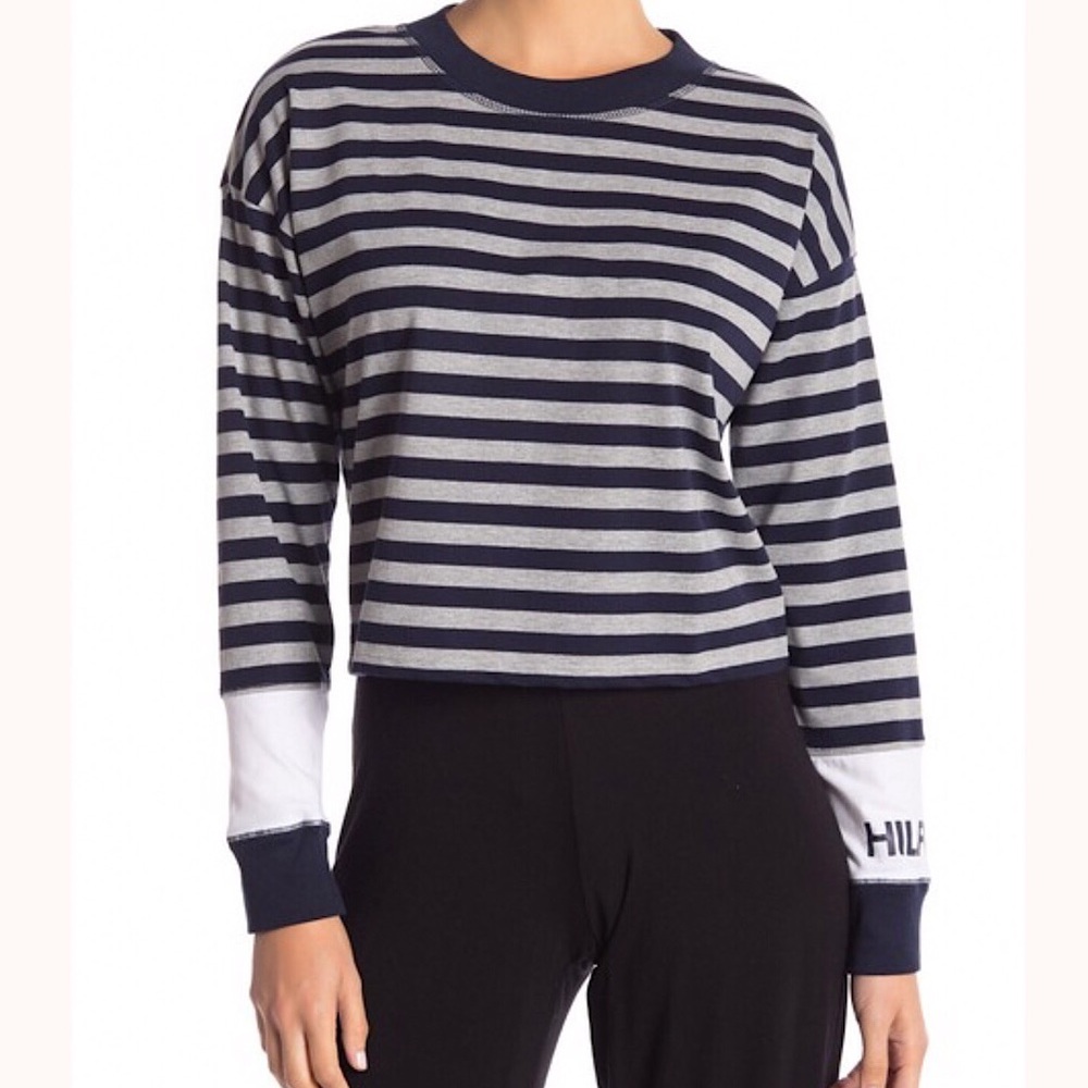 TOMMY HILFIGER Striped Long Sleeve Cropped Tee Blue Size L - Picture 7 of 8
